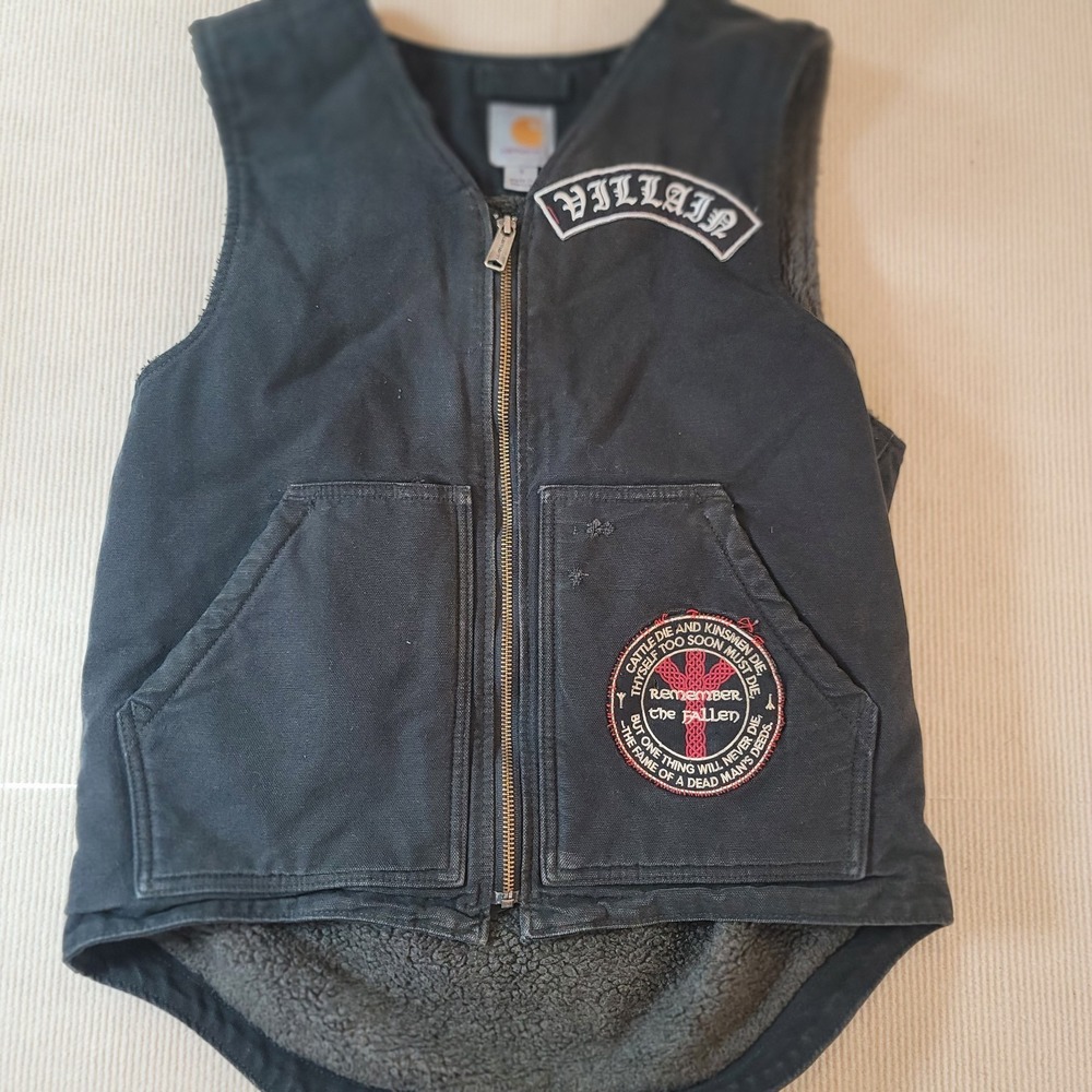 carhartt vest sherpa lined Small Distressed Patches on front Biker Black